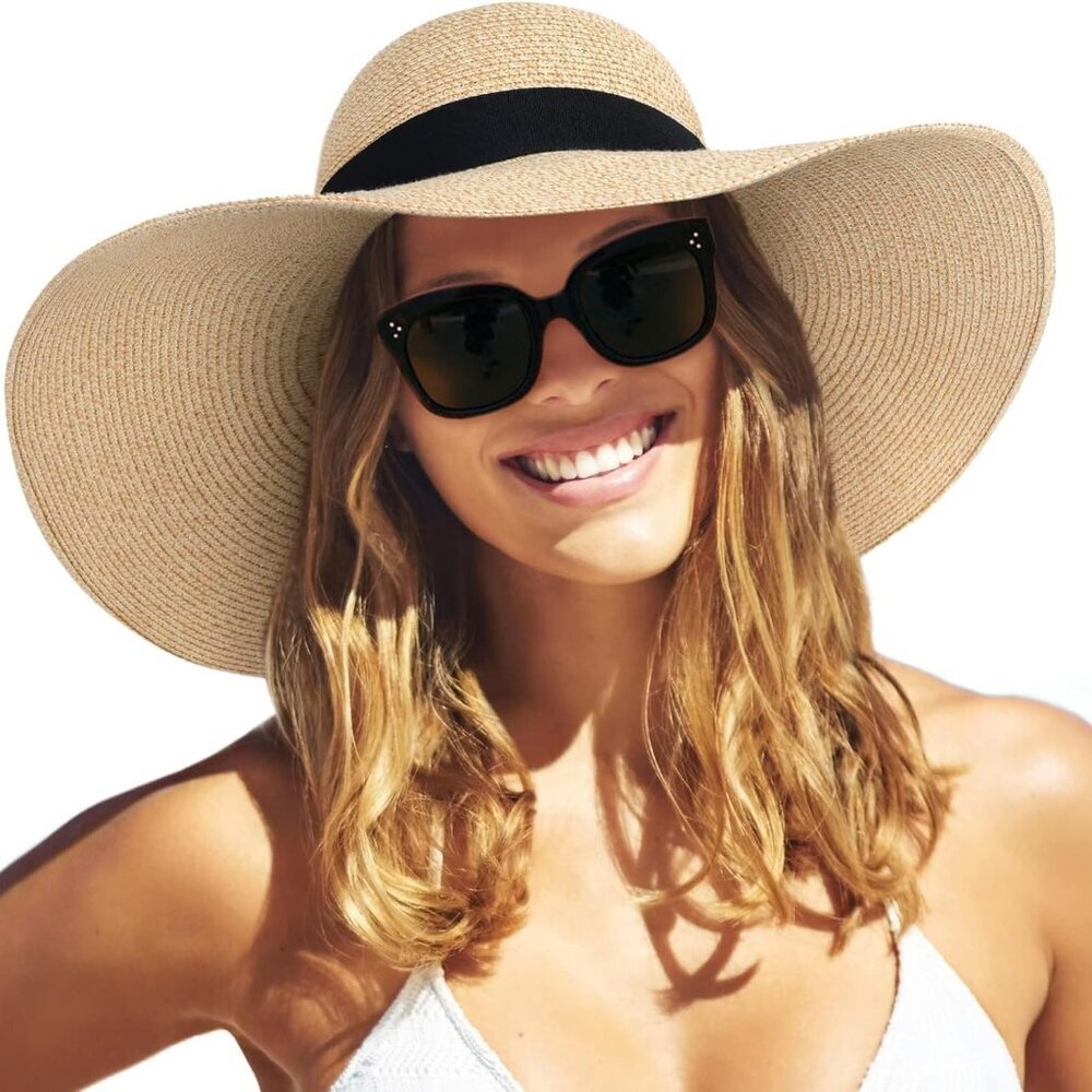 Womens Sun Straw Hat Wide Brim UPF 80 Summer Hat Foldable Packable Floppy Beach